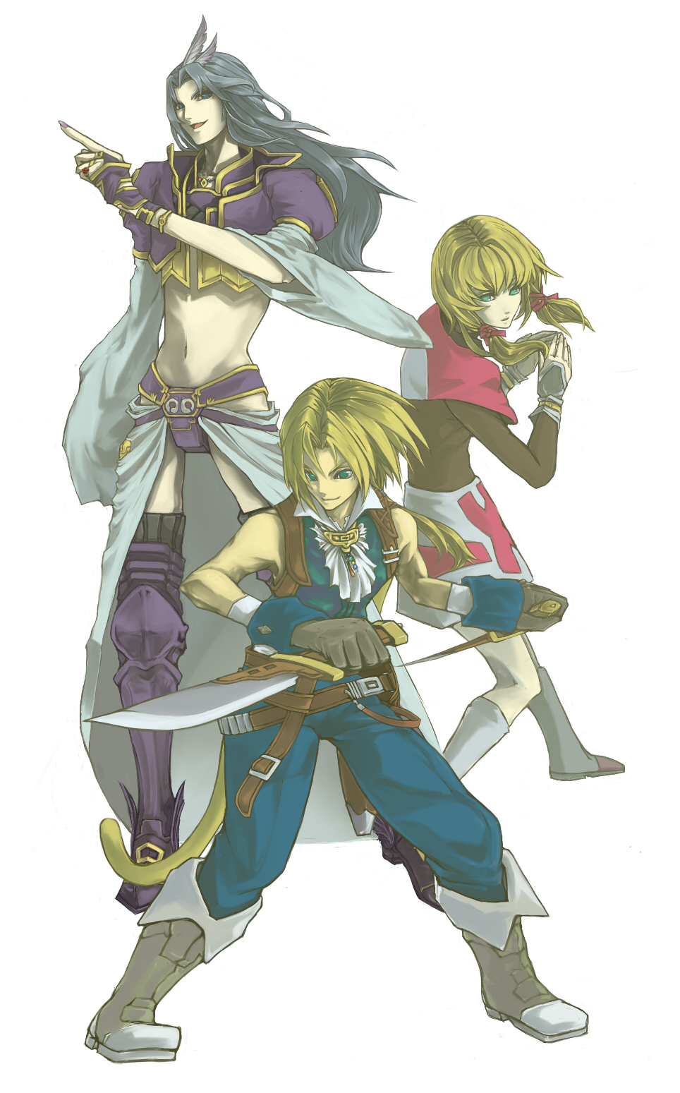 blonde_hair, brother_and_sister, brothers, coko, dual_wielding, final_fantasy, final_fantasy_ix, green_eyes, highres, knife, kuja, mikoto, mikoto_(ffix), multiple_boys, short_hair, siblings, solo, tail, zidane_tribal