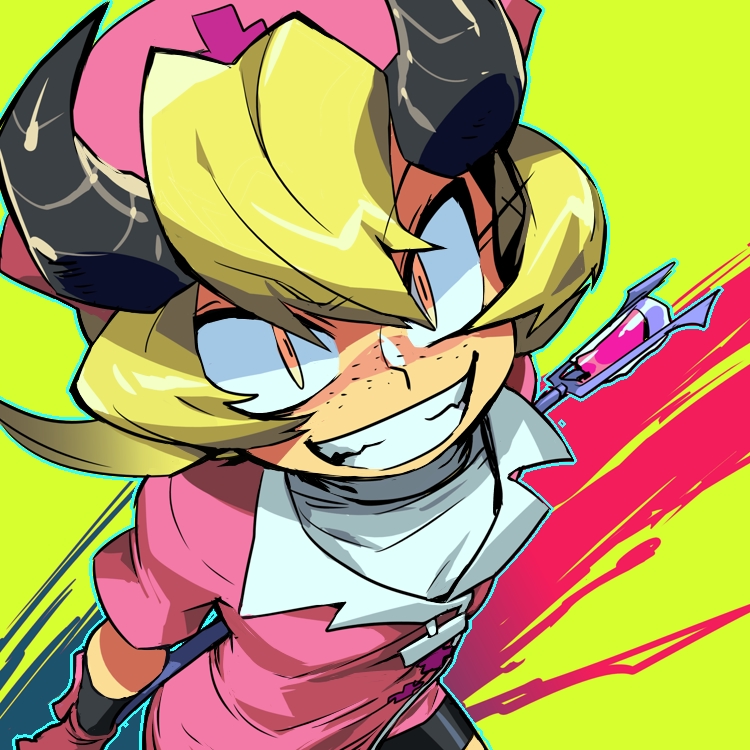 1girl, blonde_hair, female, freckles, grin, horns, nurse, patty_(skullgirls), short_hair, skullgirls, smile, solo, yellow_eyes