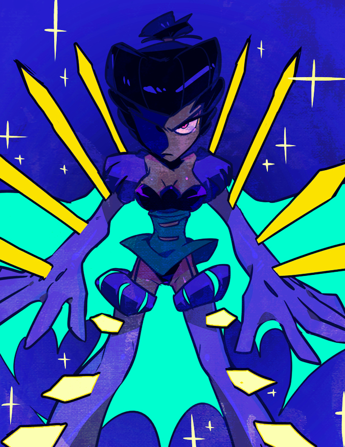 1girl, beatrix_(skullgirls), cleavage, female, frown, knife, red_eyes, short_hair