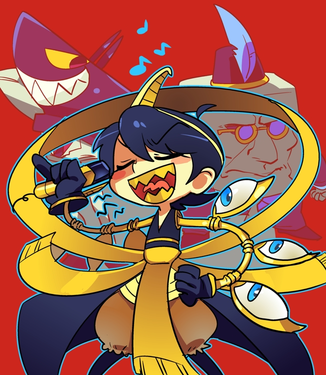1girl, 2boys, albus_(skullgirls)_(cosplay), andy_anvil, bespectacled, black_hair, blue_eyes, eliza_(skullgirls)_(cosplay)