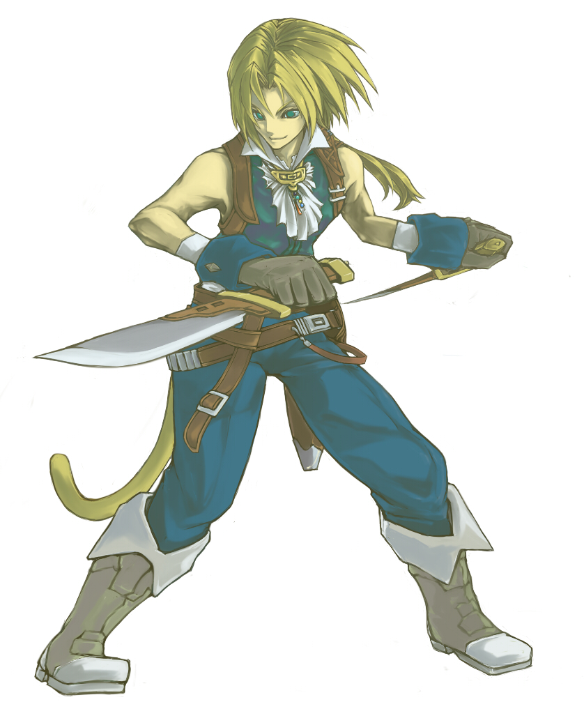 coko, final_fantasy, final_fantasy_ix, green_eyes, short_hair, solo, tail, zidane_tribal