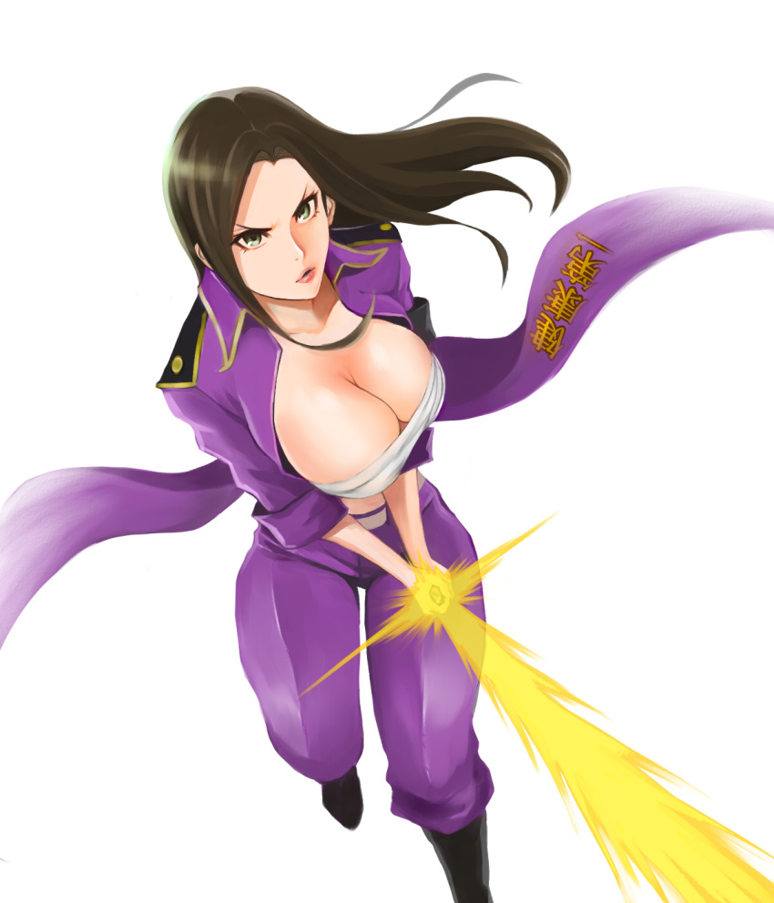 1girl, black_boots, boots, breasts, brown_hair, cleavage, energy_sword, from_above, gakuran, green_eyes, highres, idolmaster, idolmaster_cinderella_girls, jacket, kuwabara_kazuma_(cosplay), large_breasts, lips, mukai_takumi, open_clothes, open_jacket, sarashi, school_uniform, shibusun, solo, sword, translation_request, weapon, yuu_yuu_hakusho