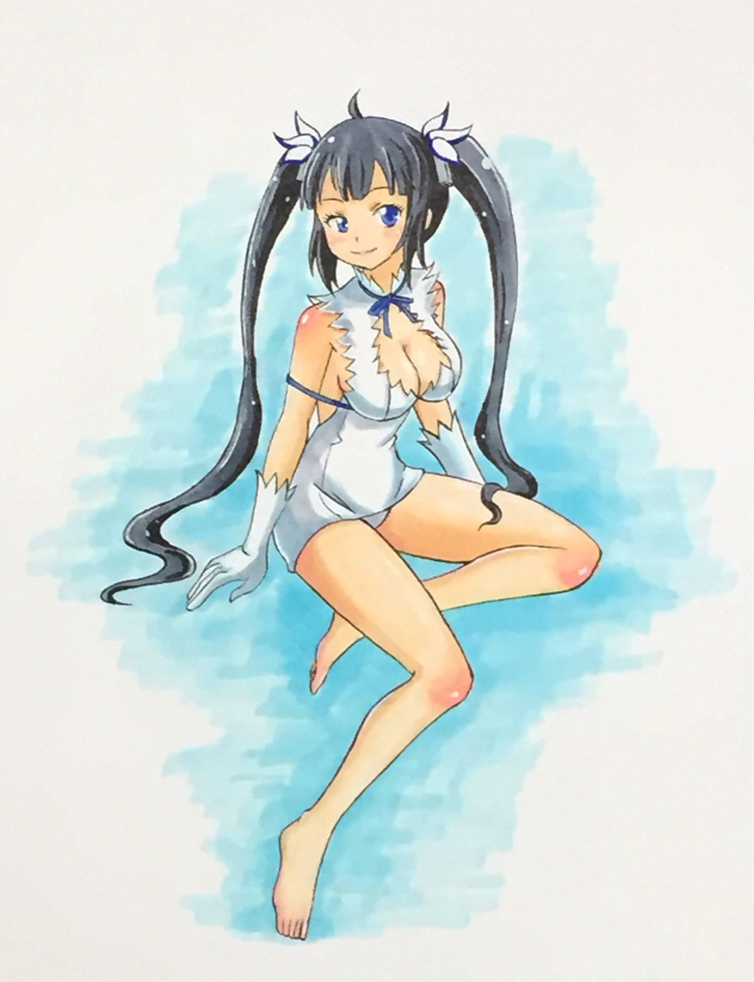 1girl, absurdres, arm_ribbon, barefoot, black_hair, blue_eyes, blue_ribbon, breasts