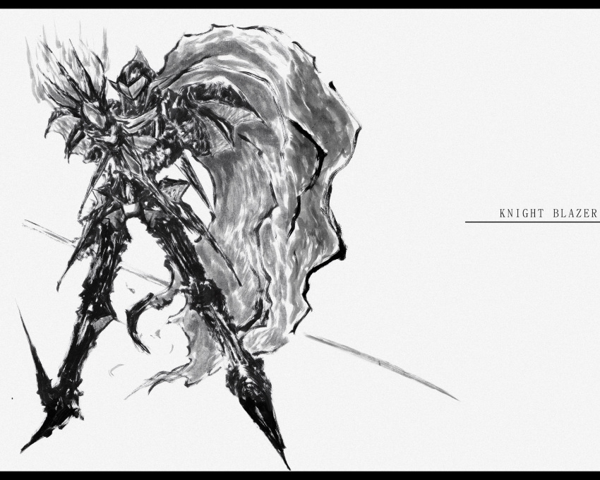 1boy, armor, ashley_winchester, cape, gloves, helmet, highres, knight, knight_blazer, male_focus, mask, monochrome, neoamon, scarf, solo, wild_arms, wild_arms_2