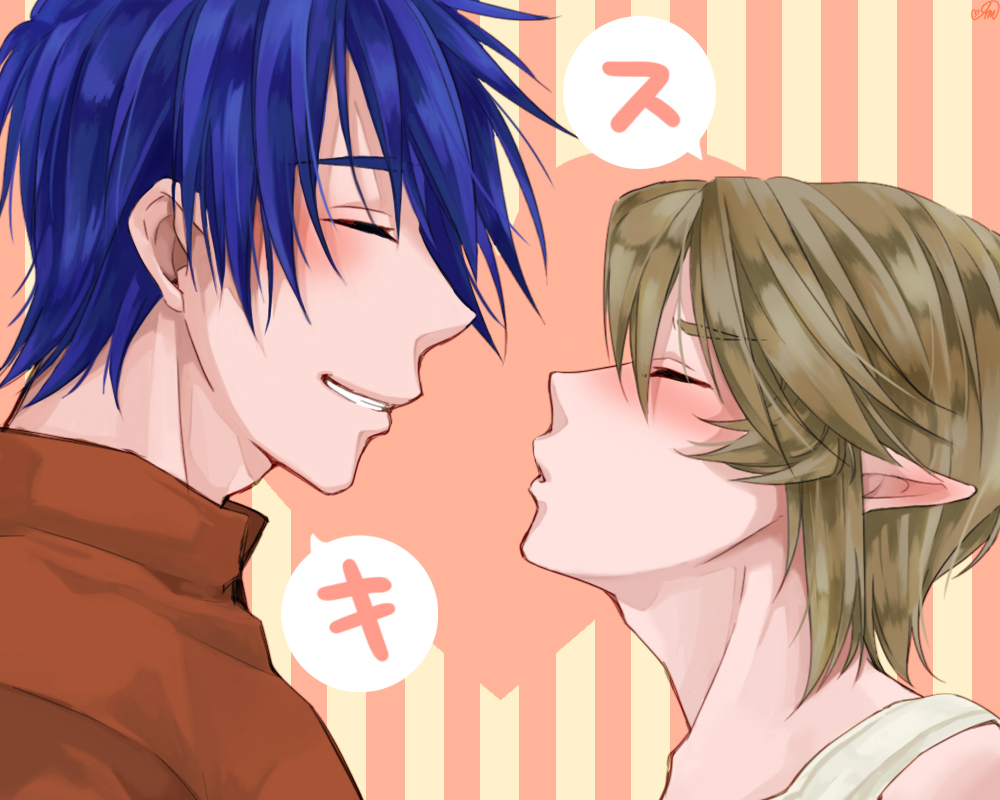 2boys, blonde_hair, blue_hair, blush, fire_emblem, ike, kiss, link, male_focus, multiple_boy, multiple_boys, smile, the_legend_of_zelda, yaoi
