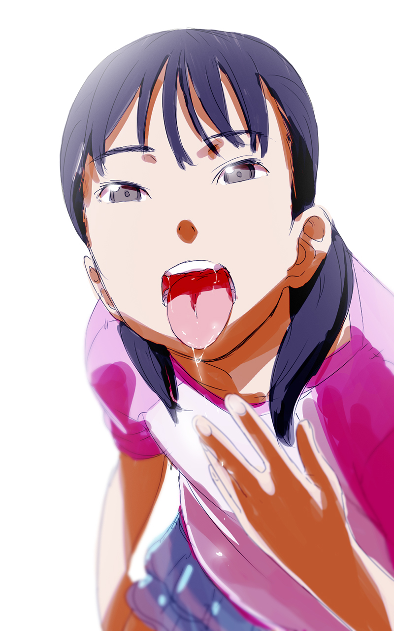 1girl, black_hair, drooling, female, mouth, open_mouth, saliva, saliva_trail, satsuyo, simple_background, skirt, solo, tongue, tongue_out, twintails, white_background