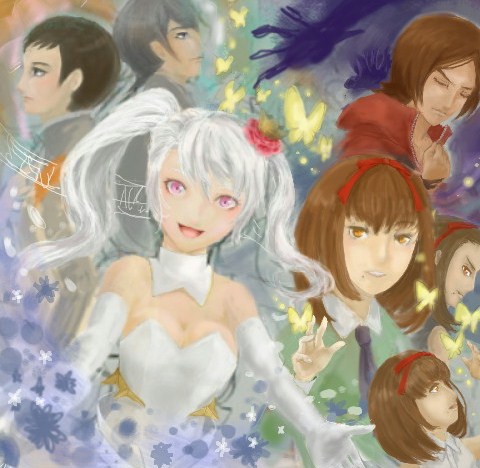 2boys, 3girls, artist_request, black_hair, brown_hair, butterfly, caligula_(game), creator_connection