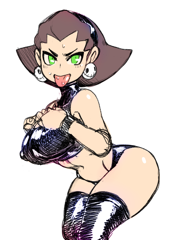 1girl, breasts, capcom, halter_top, halterneck, keppok, looking_at_viewer, panties, rockman, rockman_dash, solo, thigh-highs, tongue, tongue_out, tron_bonne, underwear