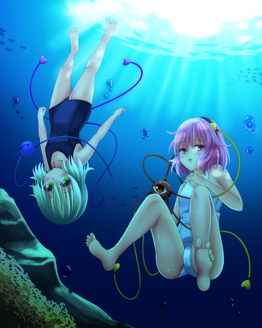 2girls, absurdres, air_bubble, bare_legs, bare_shoulders, blush, breasts, bubble