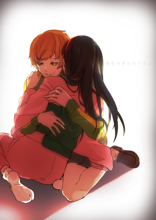 2girls, amagi_yukiko, black_hair, brown_hair, chiyo_(min0yoko), evil_grin, hairband, hug