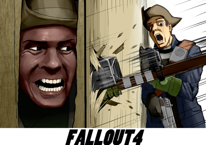 2boys, black_hair, character_request, copyright_name, fallout, fallout_4, gloves, gun, here's_johnny!, koko_nuts_(aponm), multiple_boys, open_mouth, parody, preston_garvey, sole_survivor_(male), surprised, the_shining, weapon