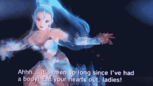 1girl, 3d, amazon_pandora, animated, animated_gif, blue_hair, kid_icarus, kid_icarus_uprising, solo, sword, text