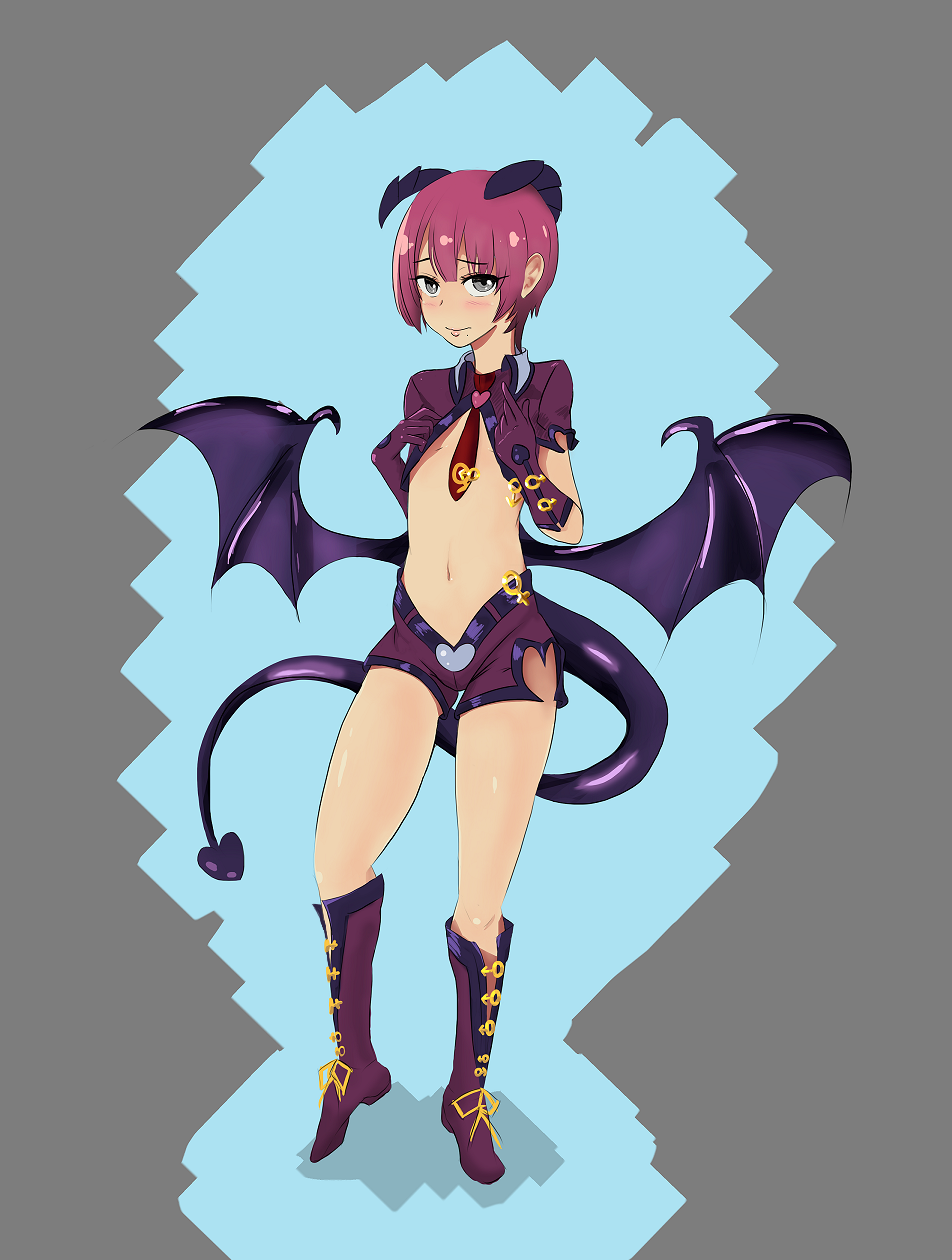 1girl, alp_(monster_girl_encyclopedia), androgynous, blush, boku_girl, boots, cosplay, culevra, demon_horns, demon_tail, demon_wings, eyelashes, female, full_body, gloves, highres, horns, knee_boots, mars_symbol, midriff, monster_boy, monster_girl, monster_girl_encyclopedia, navel, necktie, redhead, shorts, solo, standing, suzushiro_mizuki, tail, venus_symbol, wings