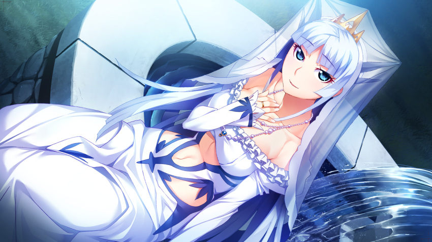 1girl, bare_shoulders, blue_eyes, blue_hair, blush, breasts, dress, eyebrows