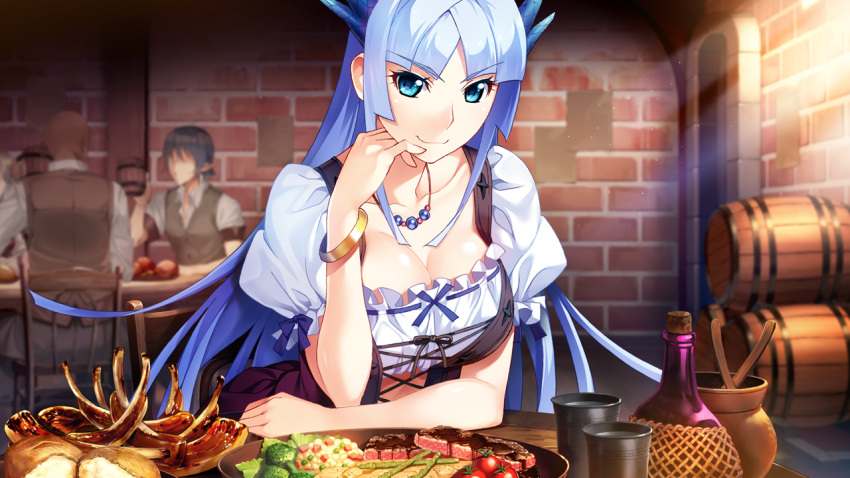 1girl, barrel, blue_eyes, blue_hair, bottle, bracelet, bread, breasts