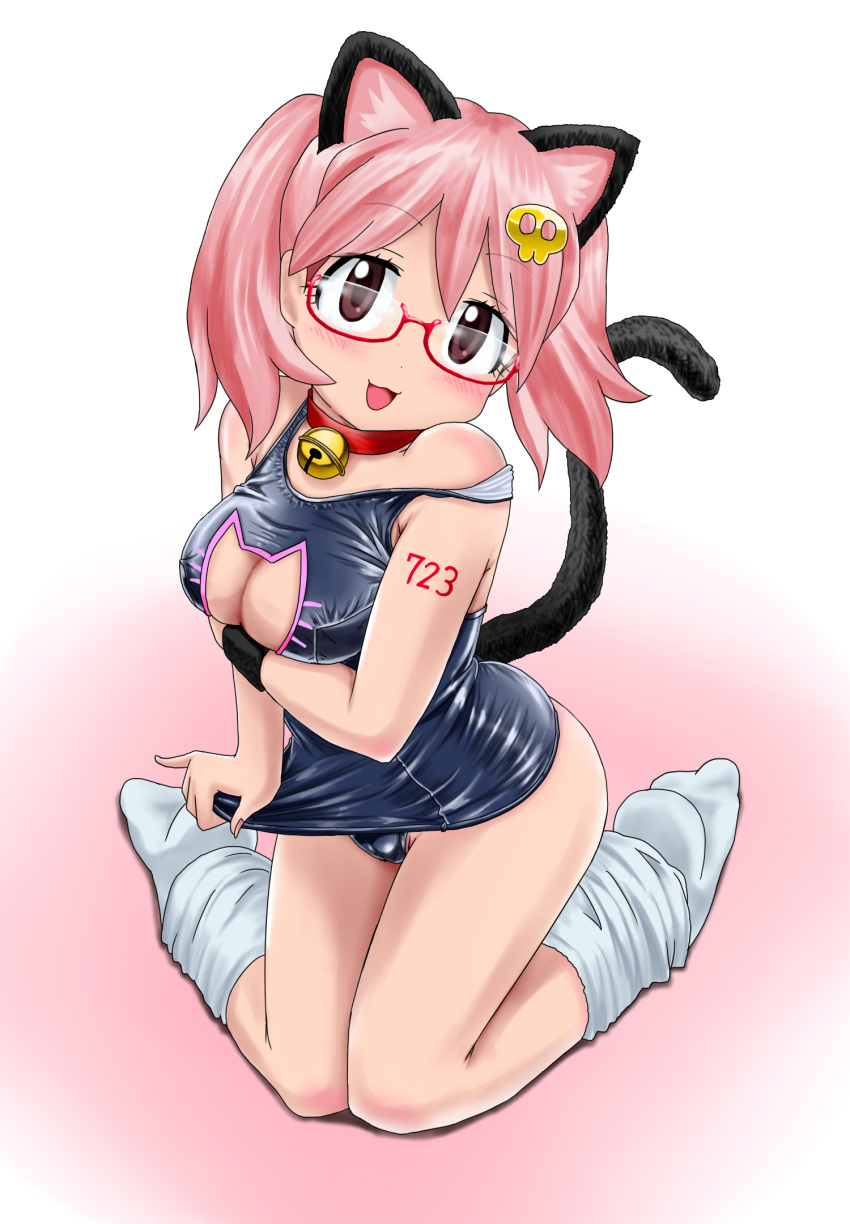 1girl, animal_ears, bad_id, bell, bespectacled, blush, breasts, brown_eyes