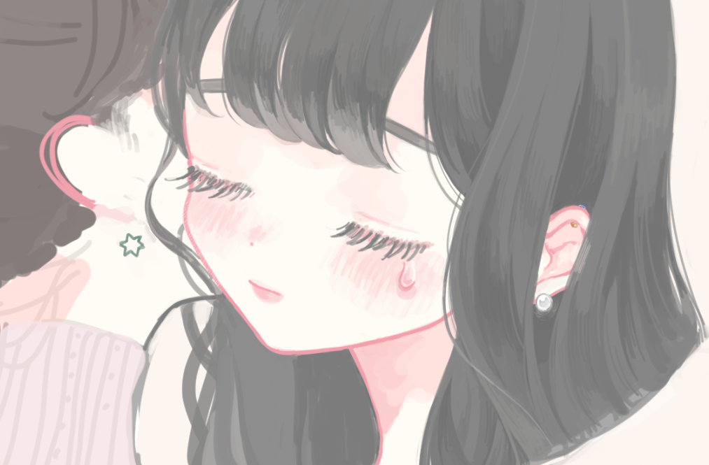 2girls, bangs, black_hair, blunt_bangs, blush, close-up, closed_eyes, earrings, eyelashes, face, jewelry, makyuuu_(mmdy), multiple_girls, pearl, pearl_earrings, star, star_earrings, teardrop, work_in_progress