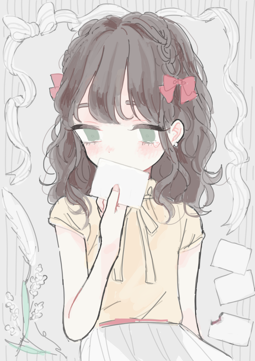 1girl, bangs, black_hair, blush, bow, commentary_request, covering_mouth, green_eyes, hair_bow, highres, makyuuu_(mmdy), pleated_skirt, ribbon, shirt, sketch, skirt, solo, upper_body, yellow_ribbon, yellow_shirt