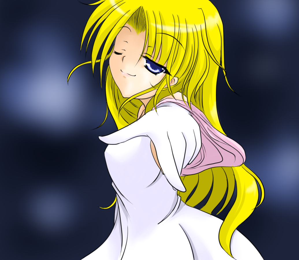 1girl, blonde_hair, long_hair, marie_(seihou), one_eye_closed, seihou, smile, tsunogiri