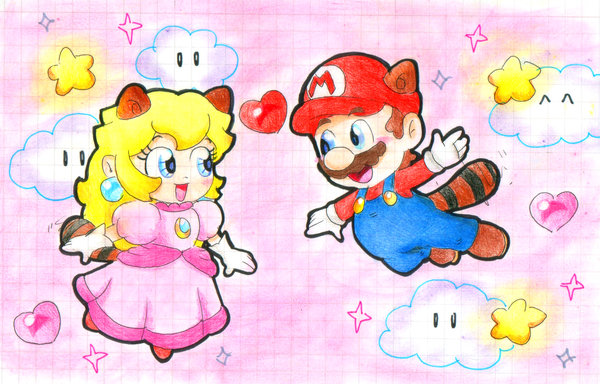 1boy, 1girl, animal_ears, female, hearts, mario, nintendo, princess_peach, raccoon_ears, raccoon_mario, raccoon_peach, raccoon_tail, star, super_mario_bros., super_mario_bros._3, tail