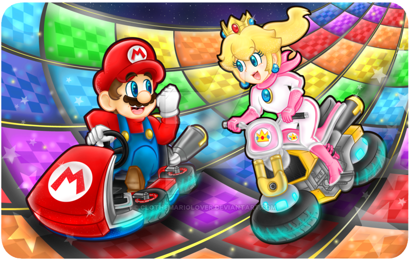 1boy, 1girl, female, mario, mario_kart, nintendo, princess_peach, rainbow_road