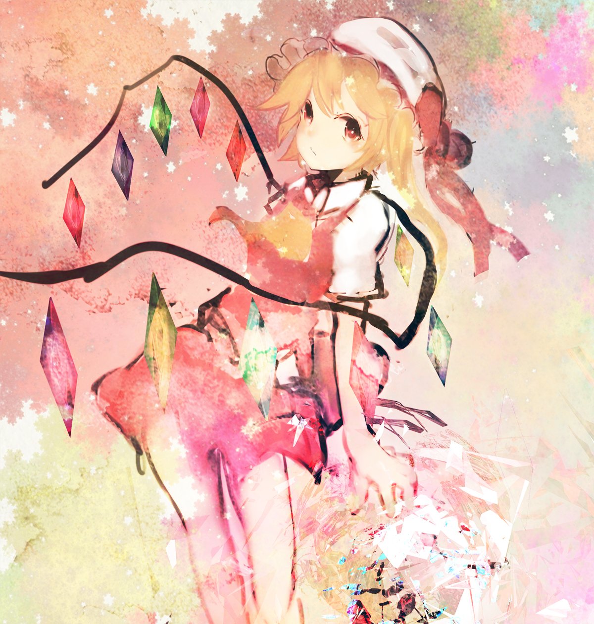 1girl, amenosoto, blonde_hair, flandre_scarlet, hat, highres, red_eyes, red_skirt