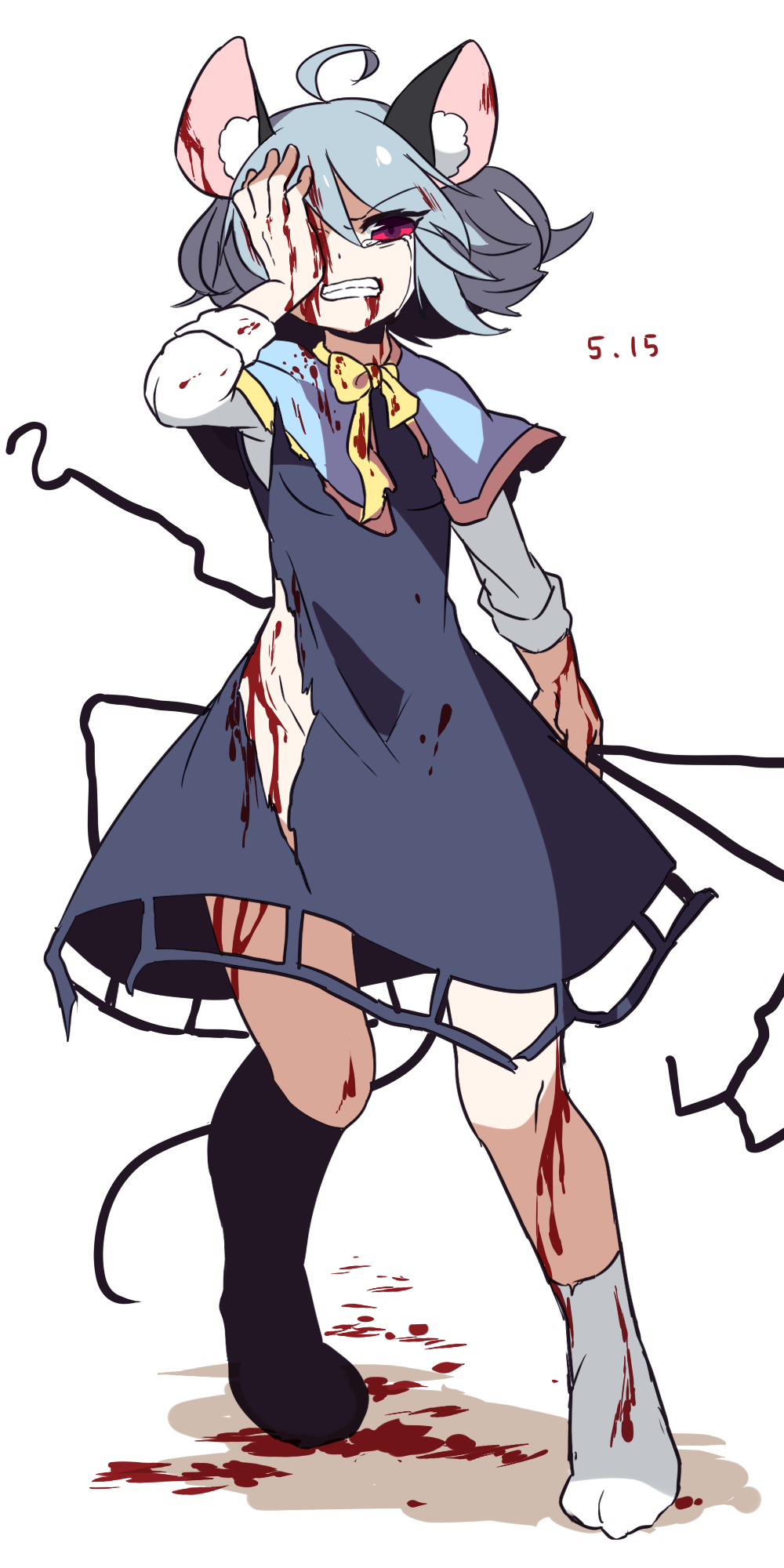 1girl, animal_ears, blood, blood_from_mouth, blood_on_face, bow, bowtie, capelet