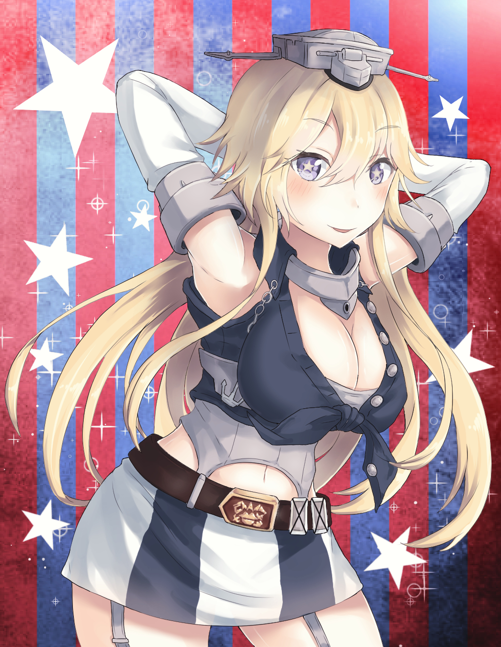 1girl, belt, blonde_hair, blue_eyes, breasts, cleavage, elbow_gloves, garter_straps