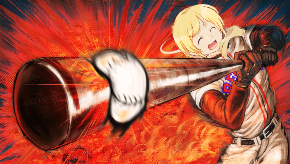 1girl, baseball, baseball_bat, blonde_hair, dangan_ronpa, ellen_baker, head_swap, kuwata_leon, new_horizon, parody