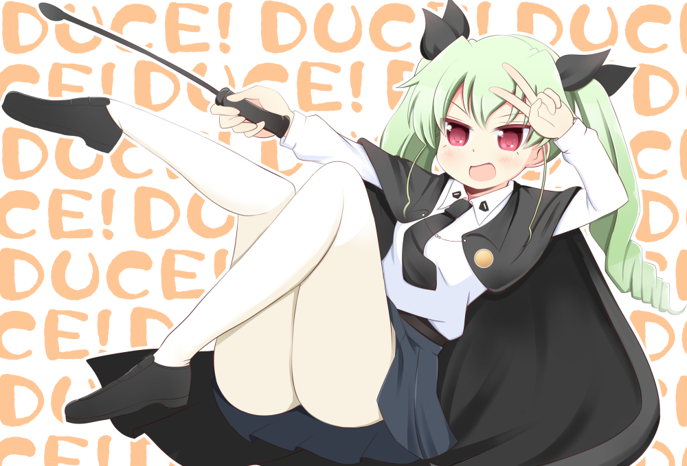 1girl, anchovy, ass, blush, cape, drill_hair, fujieda_hiro, girls_und_panzer
