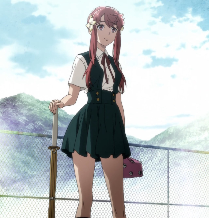 1girl, bangs, big_order, buttons, chain-link_fence, closed_mouth, clouds, collared_shirt, day, female, fence, flower, hair_flower, hair_ornament, hand_on_hilt, happy, high-waist_skirt, highres, hill, holding, kneehighs, kurenai_rin, legs_apart, light_smile, looking_to_the_side, miniskirt, obentou, outdoors, parted_bangs, planted_sword, planted_weapon, pleated_skirt, red_eyes, redhead, ribbon, school_uniform, screencap, shinai, shirt, short_hair_with_long_locks, short_sleeves, sidelocks, skirt, sky, smile, solo, standing, suspender_skirt, suspenders, sword, weapon