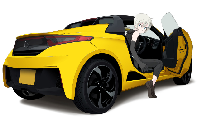 1girl, blue_eyes, commentary_request, elbow_gloves, gloves, ground_vehicle, hair_between_eyes, hair_ornament