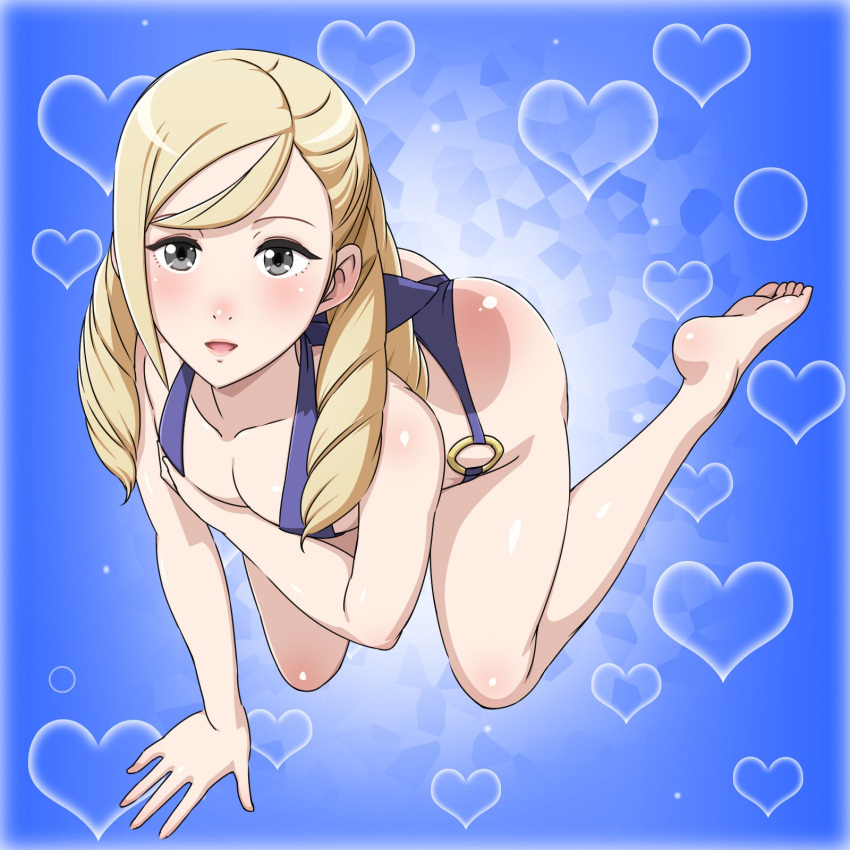 1boy, androgynous, ass, barefoot, bikini, blonde_hair, drill_hair, fire_emblem, fire_emblem_if, foleo_(fire_emblem_if), grey_eyes, kneeling, male_focus, simple_background, solo, swimsuit, trap, yuki_(12cut)