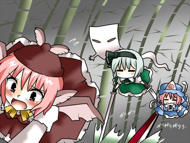 3girls, bamboo, bamboo_forest, chase, chasing, chibi, closed_eyes, drooling