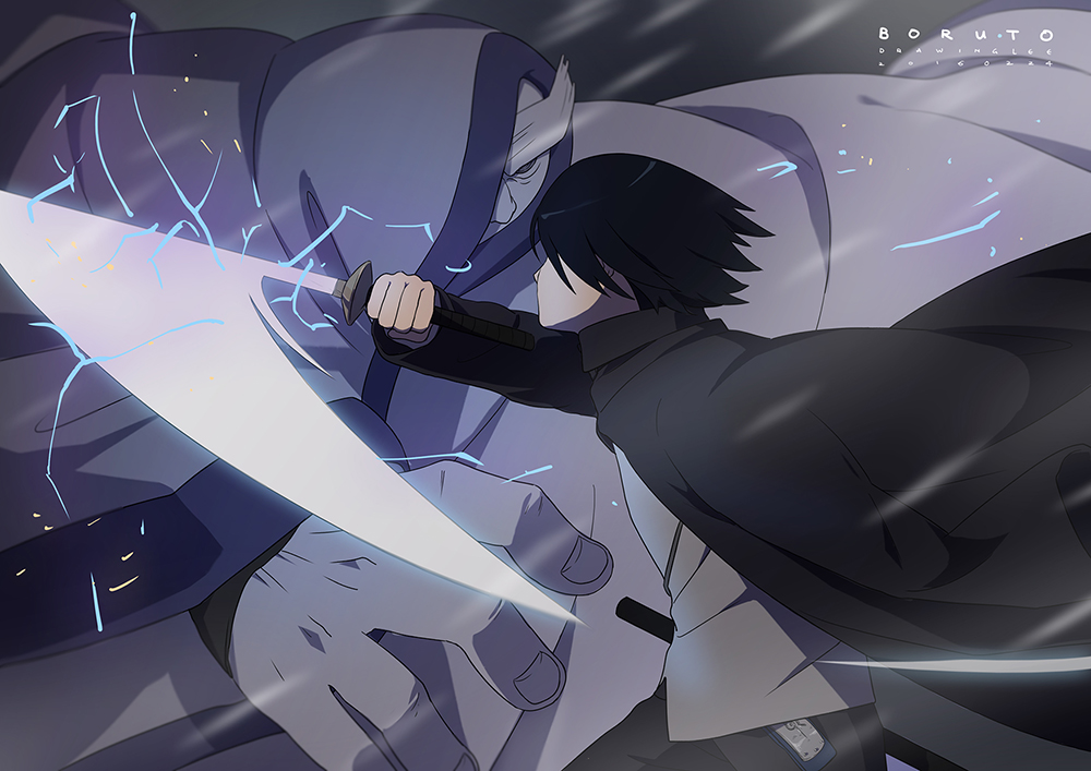 2boys, battle, black_hair, boruto:_naruto_the_movie, cloak, electricity, horn, lee1210, multiple_boys, naruto, ootsutsuki_kinshiki, sword, uchiha_sasuke