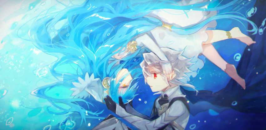 1boy, 1girl, aqua_(fire_emblem_if), armor, blue_hair, bubbles, cape, fire_emblem, fire_emblem_if, miduki66, my_unit_(fire_emblem_if), nintendo, underwater, upside-down