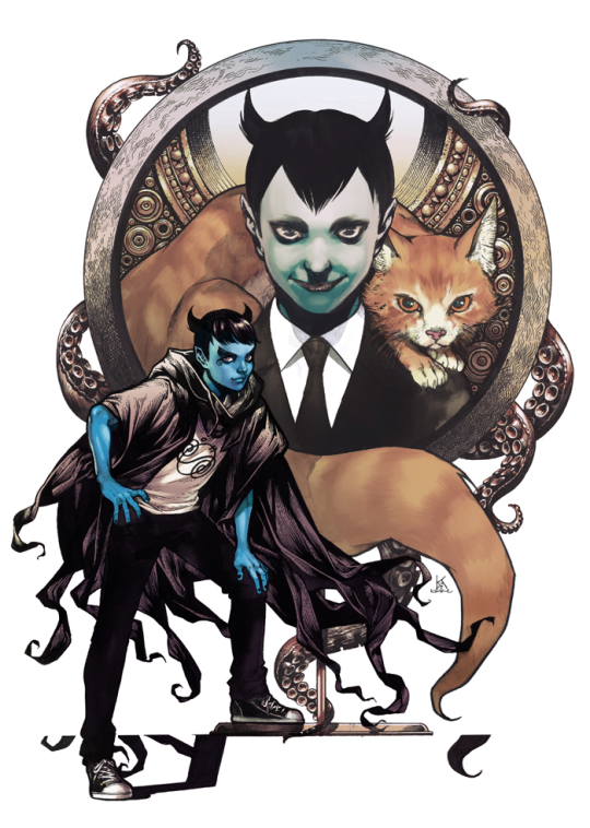 1boy, black_hair, blue_skin, cat, dc_comics, kamome_shirahama, klarion, male_focus