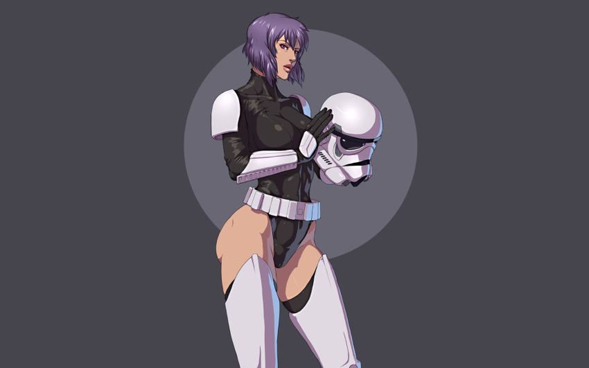 1girl, crossover, cyborg, dmitrys, ghost_in_the_shell, hips, kusanagi_motoko, purple_hair, red_eyes, short_hair, simple_background, solo, star_wars, stormtrooper