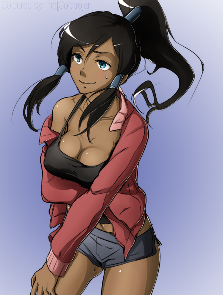 1girl, alternate_costume, avatar:_the_last_airbender, bangs, breast_hold, breasts, casual, cleavage, coldtrojan, colored, contemporary, cowboy_shot, dark_skin, female, hair_tubes, jacket, korra, large_breasts, long_hair, midriff, naso4, no_bra, off_shoulder, open_clothes, open_jacket, ponytail, shirt, short_shorts, shorts, smile, solo, strap_gap, sweatdrop, tank_top, taut_clothes, taut_shirt, the_legend_of_korra, topknot