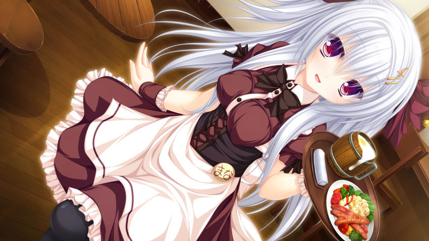 1girl, bow, corset, drink, female, food, grey_hair, justy_x_nasty