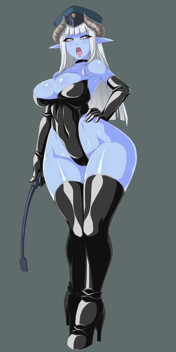 1girl, black_sclera, blue_skin, boots, breasts, choker, cleavage, curvy
