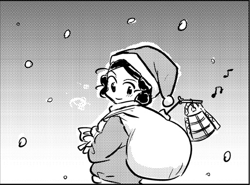 1boy, bell, black_hair, do_do_goki, dotaku_(bell), gradient, gradient_background, hat, male_focus, monochrome, original, sack, santa_hat, snow, solo, upper_body, white_background, yayoi_period