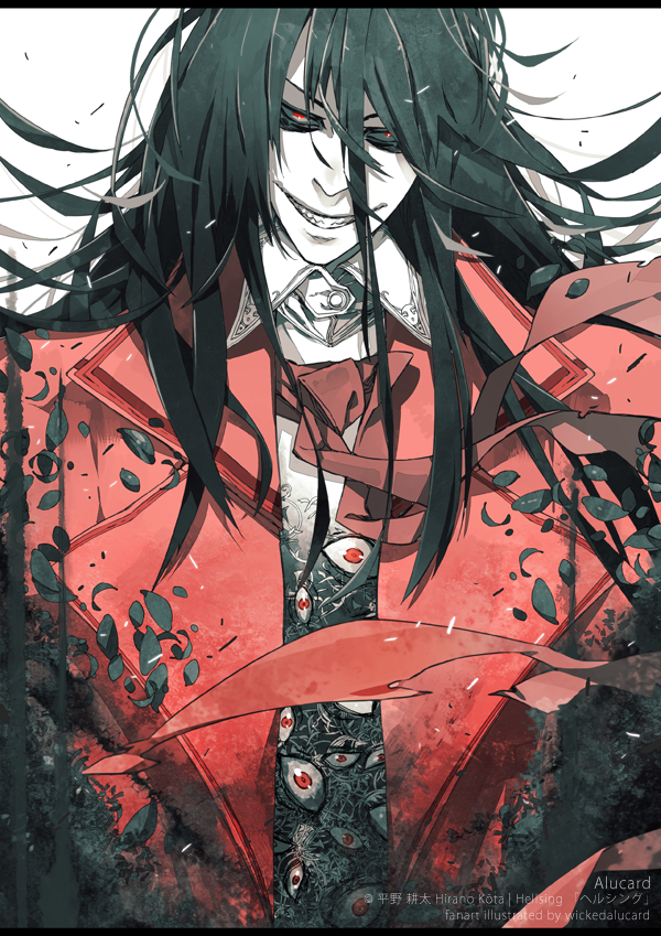 alucard_(hellsing), black_hair, coat, eyes, grin, looking_at_viewer, male_focus, necktie