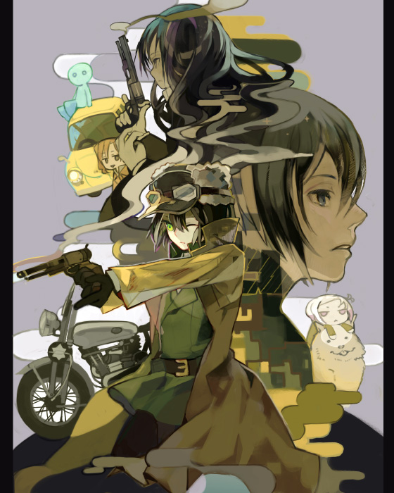 00s, 2boys, 3girls, aiming, androgynous, animal, artist_request, belt, black_eyes, black_hair, brimmed_hat, car, chibi, dog, expressionless, fur, goggles, green_eyes, ground_vehicle, gun, handgun, hat, hermes, kino, kino_no_tabi, long_coat, long_hair, looking_at_viewer, looking_away, master_(kino_no_tabi), motor_vehicle, motorad, motorcycle, multiple_boys, multiple_girls, partner_(kino_no_tabi), revolver, riku_(kino_no_tabi), shizu, short_hair, smile, smoke, tagme, tea_(kino_no_tabi), vehicle, weapon