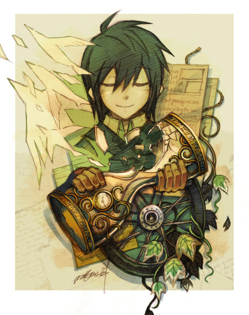 00s, 1girl, androgynous, artist_request, birds, black_hair, broken_glass, clock, closed_eyes, documents, gloves, hour_glass, kino, kino_no_tabi, leaves, paper, short_hair, smile, solo, tagme, vines, wheel