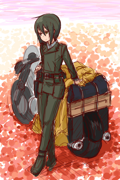 00s, 1girl, androgynous, artist_request, black_eyes, black_hair, flower, ground_vehicle