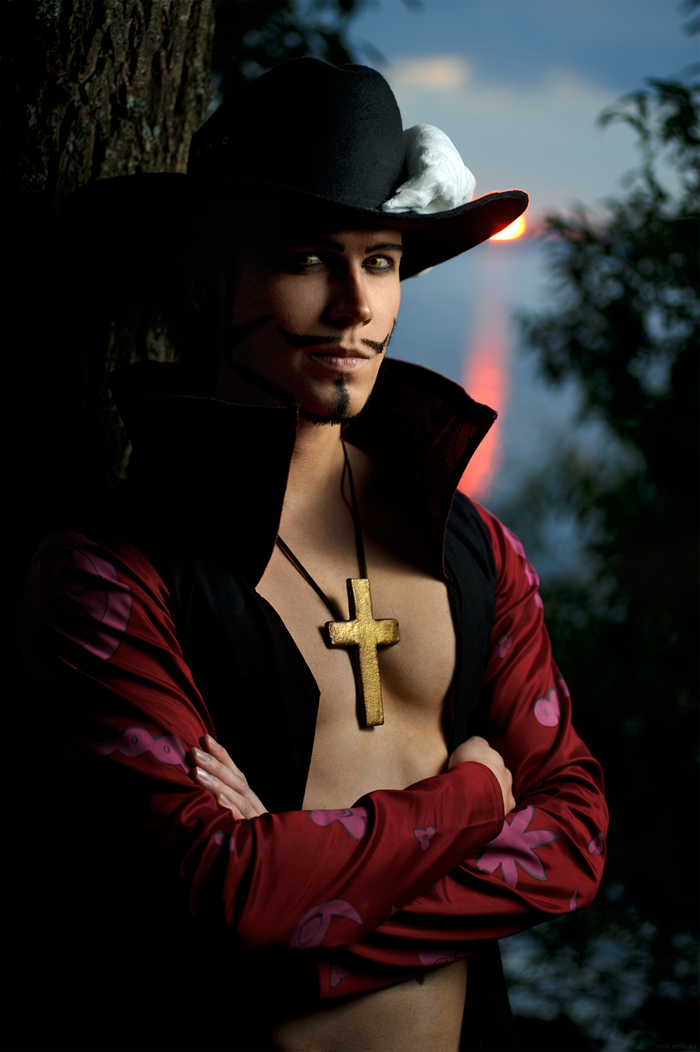 1boy, cosplay, crossed_arms, dracule_mihawk, dracule_mihawk_(cosplay), elffi, hat, jewelry