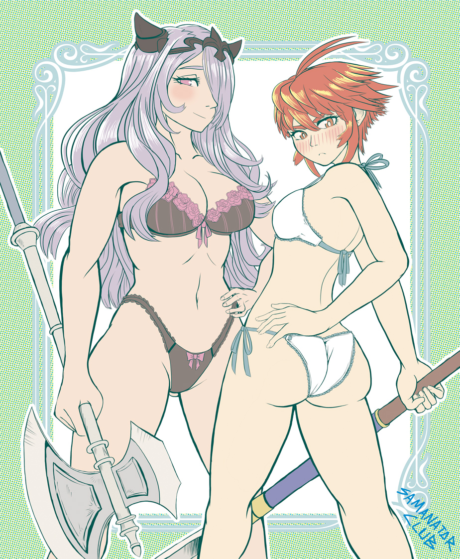 2girls, ass, axe, black_bra, breasts, camilla_(fire_emblem_if), cleavage, female