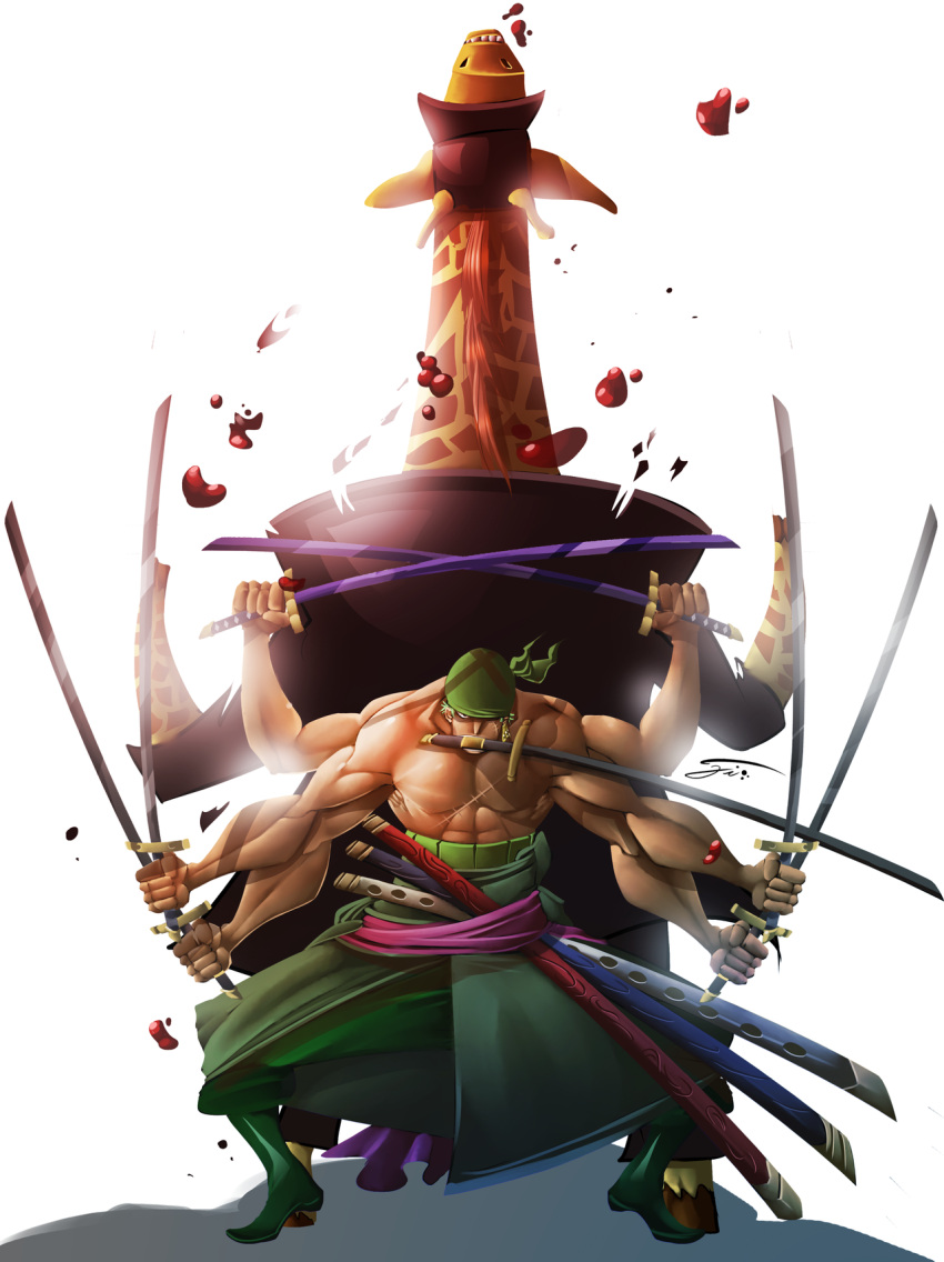 2boys, enies_lobby, fight, giraffe, green_hair, haramaki, hat, kaku_(one_piece)