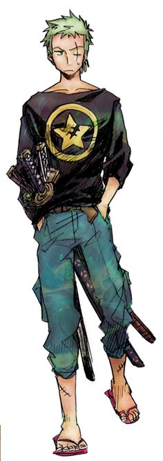 1boy, capris, full_body, green_hair, hands_in_pockets, male_focus, multiple_swords, one-eyed